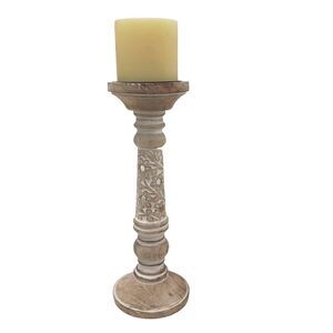 Exotic Pillar Carved Wood  12" Candle Holder Silver Leaf India Morrocan Bohemian
